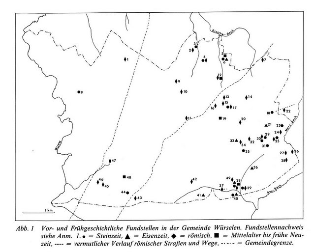 Karte mit den archäologischen Fundstellen in Würselen.